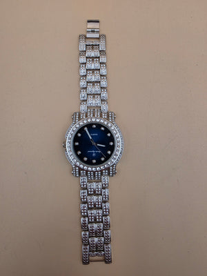 CHARLES RAYMOND Silver Tone/Rhinestone/Blue Dial Watch with Matching Bracelet and 4 Extra Links