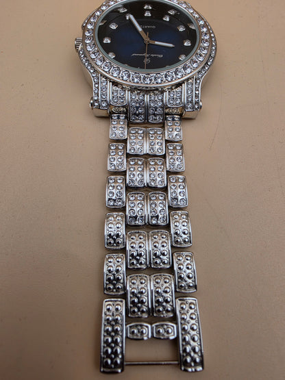 CHARLES RAYMOND Silver Tone/Rhinestone/Blue Dial Watch with Matching Bracelet and 4 Extra Links