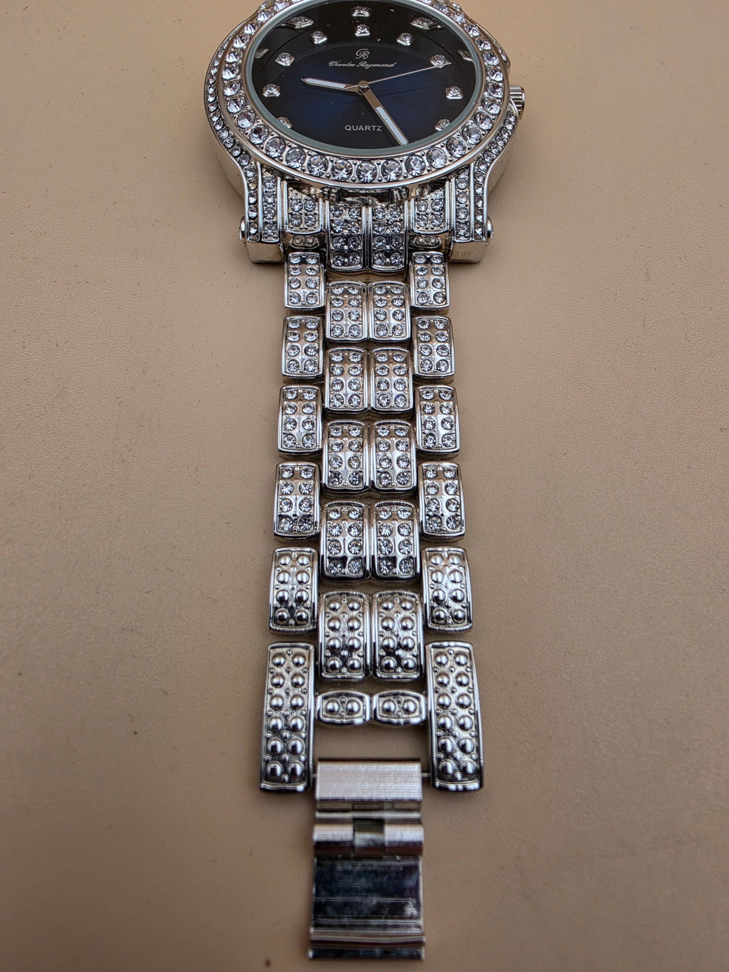 CHARLES RAYMOND Silver Tone/Rhinestone/Blue Dial Watch with Matching Bracelet and 4 Extra Links
