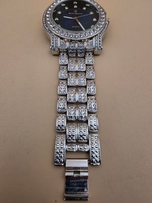 CHARLES RAYMOND Silver Tone/Rhinestone/Blue Dial Watch with Matching Bracelet and 4 Extra Links