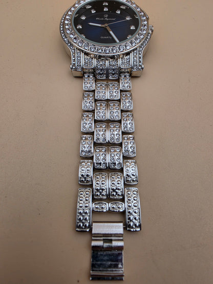 CHARLES RAYMOND Silver Tone/Rhinestone/Blue Dial Watch with Matching Bracelet and 4 Extra Links