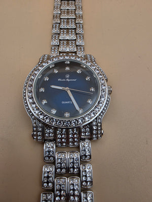 CHARLES RAYMOND Silver Tone/Rhinestone/Blue Dial Watch with Matching Bracelet and 4 Extra Links