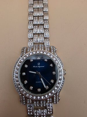 CHARLES RAYMOND Silver Tone/Rhinestone/Blue Dial Watch with Matching Bracelet and 4 Extra Links