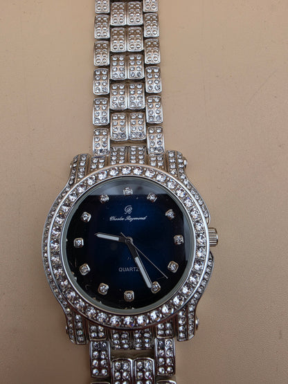 CHARLES RAYMOND Silver Tone/Rhinestone/Blue Dial Watch with Matching Bracelet and 4 Extra Links