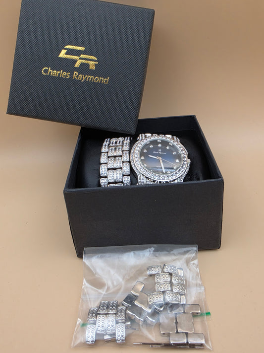 CHARLES RAYMOND Silver Tone/Rhinestone/Blue Dial Watch with Matching Bracelet and 4 Extra Links