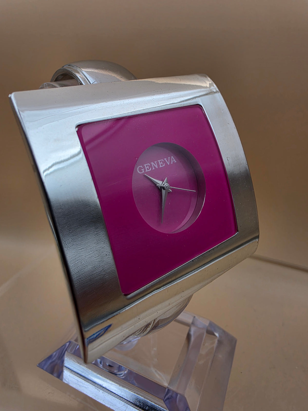 GENEVA Pink Dial/ Silver Tone Two-sided Hinged Bangle Band Women's Watch