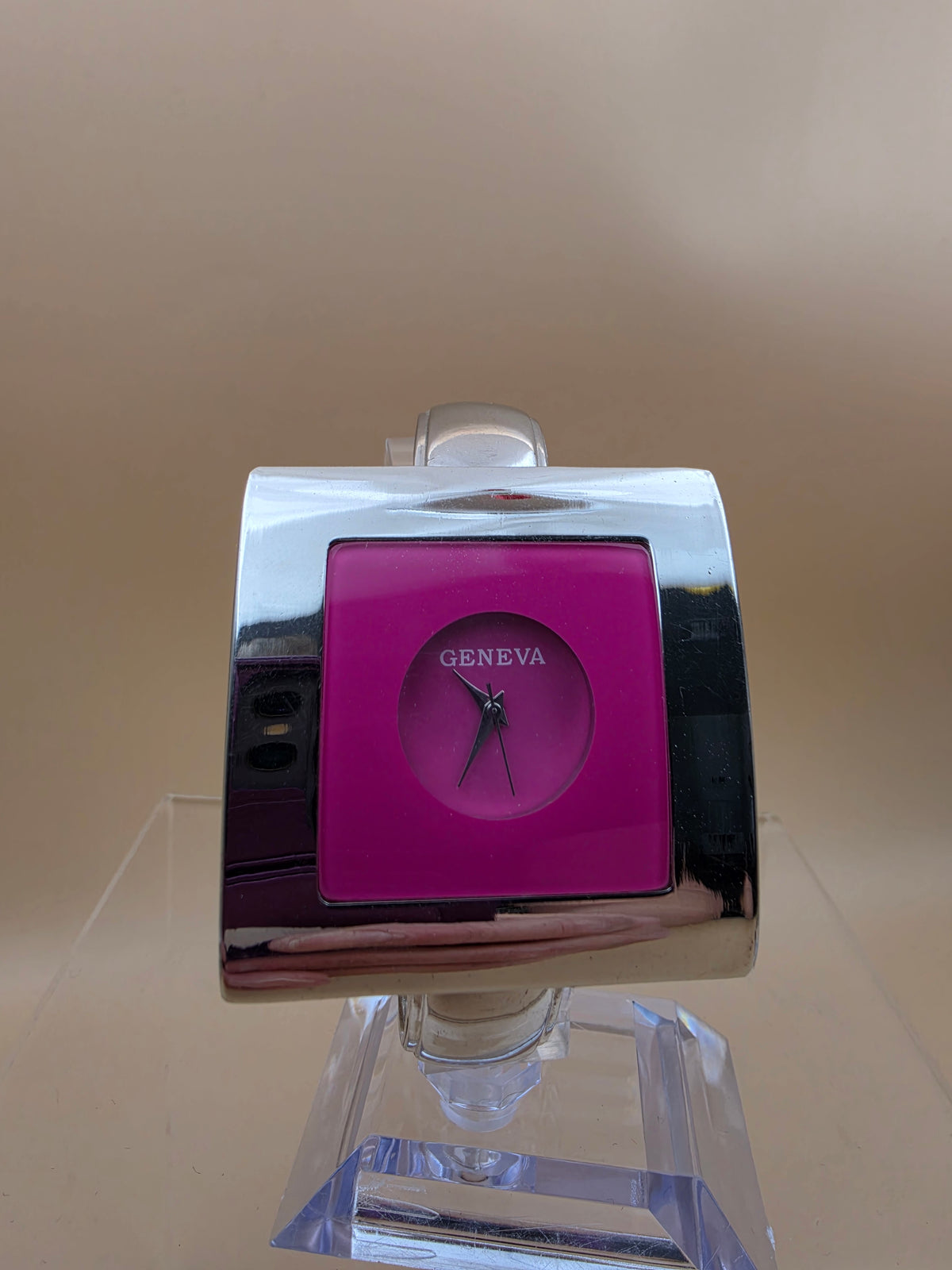GENEVA Pink Dial/ Silver Tone Two-sided Hinged Bangle Band Women's Watch