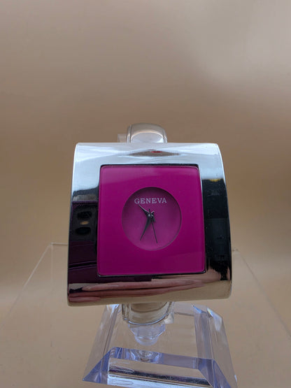 GENEVA Pink Dial/ Silver Tone Two-sided Hinged Bangle Band Women's Watch