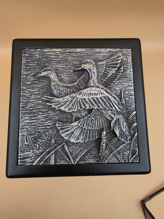 Vintage Duck Unlimited "Sponsorship Gift" Dark Wood/Pewter Top Watch/Jewelry Box 3.5" x 3.5"