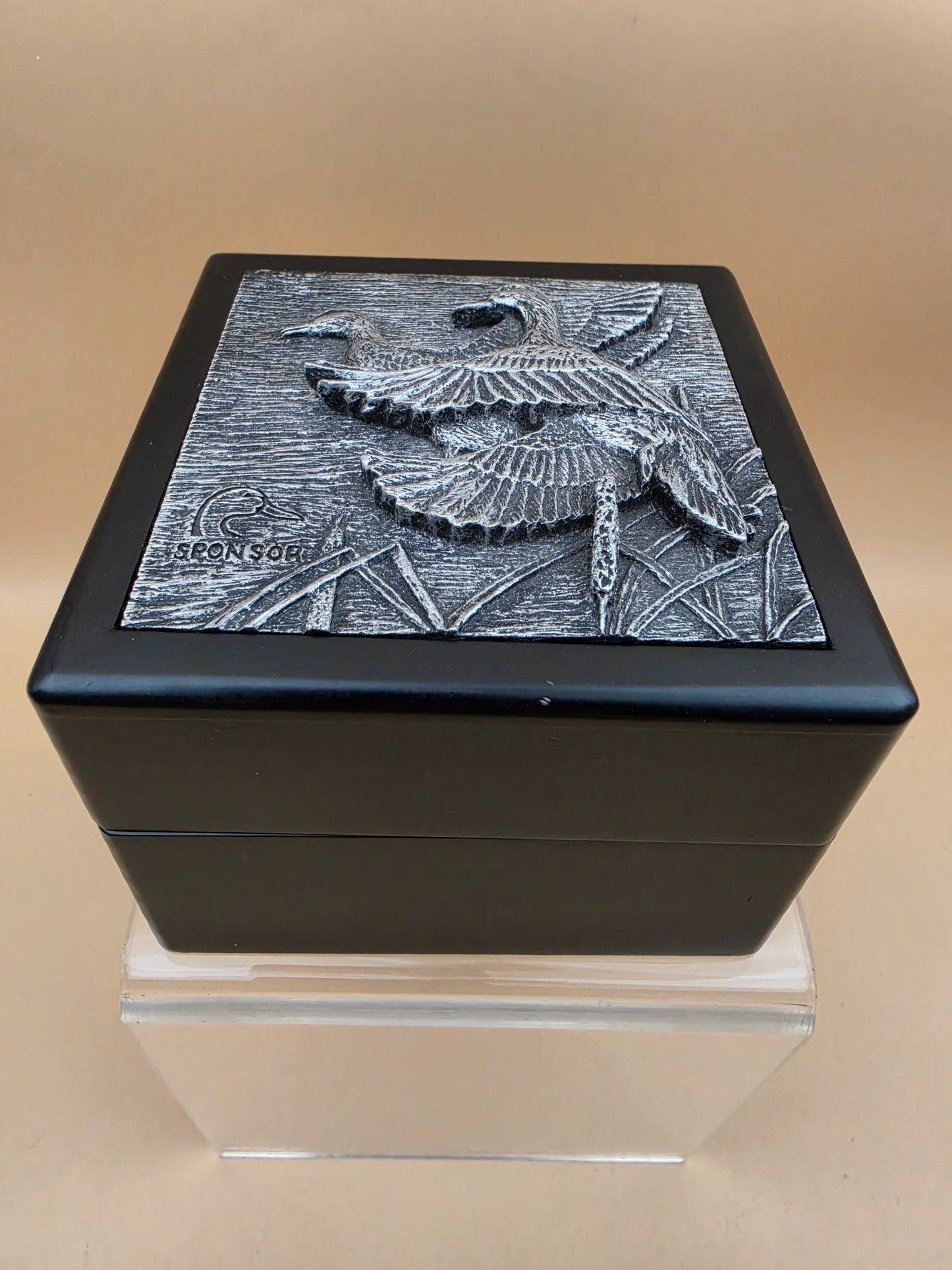 Vintage Duck Unlimited "Sponsorship Gift" Dark Wood/Pewter Top Watch/Jewelry Box 3.5" x 3.5"