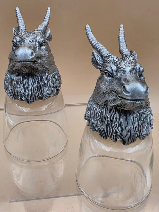 Pewter/Glass Goat Head Set of 2 Shot Glasses