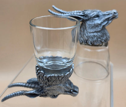 Pewter/Glass Goat Head Set of 2 Shot Glasses
