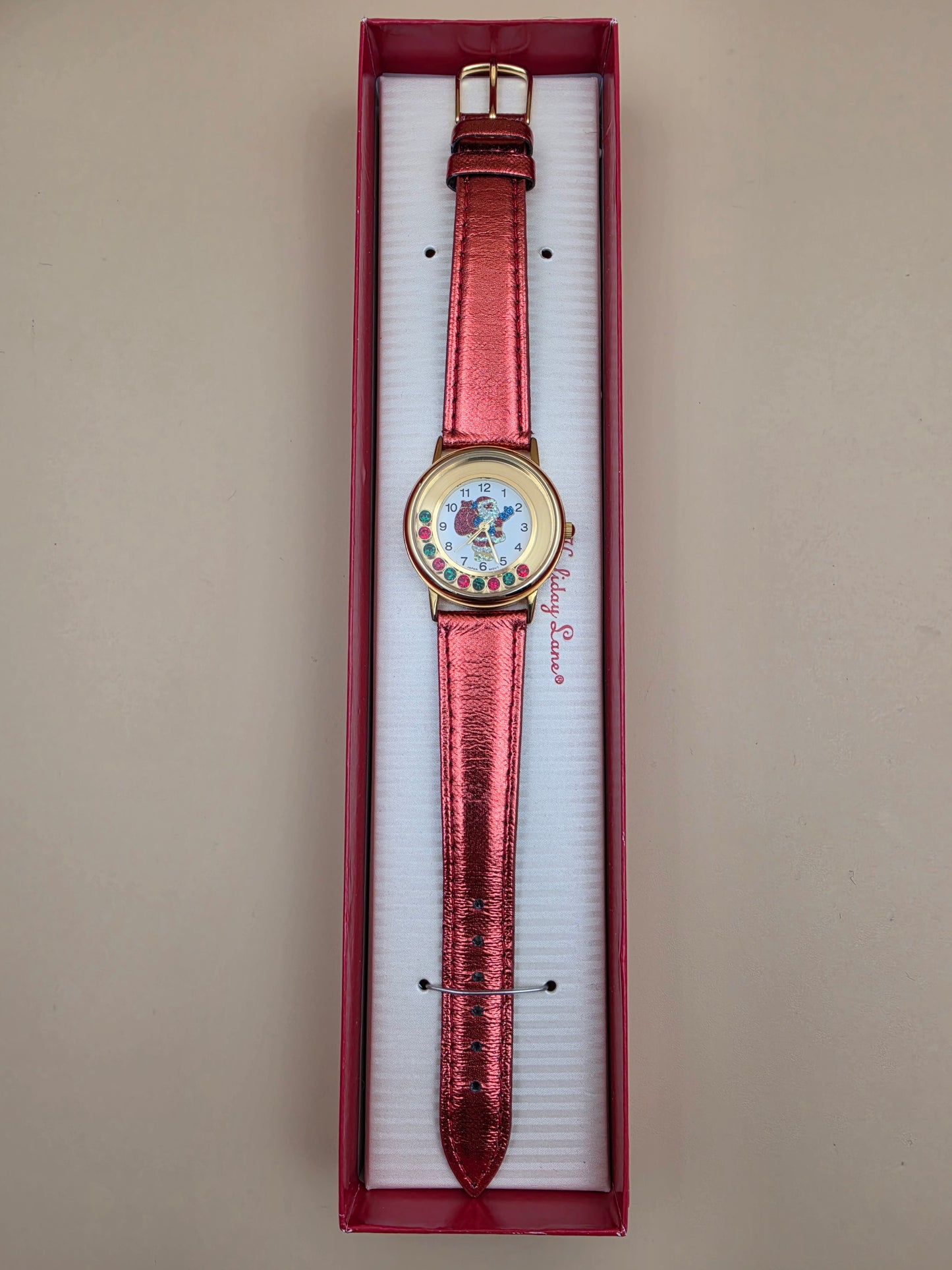Vintage Santa Claus Festive Novelty Watch With Free Moving Rhinestones in Face