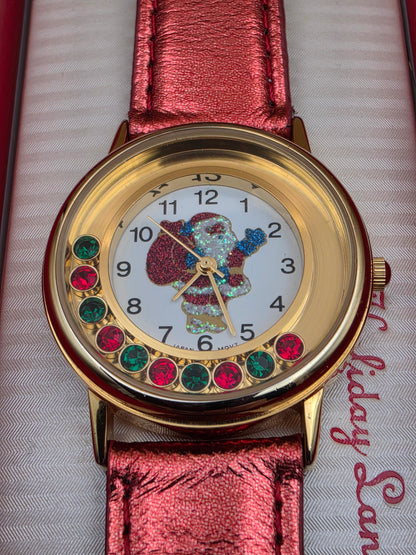 Vintage Santa Claus Festive Novelty Watch With Free Moving Rhinestones in Face