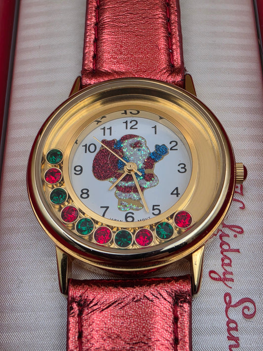 Vintage Santa Claus Festive Novelty Watch With Free Moving Rhinestones in Face