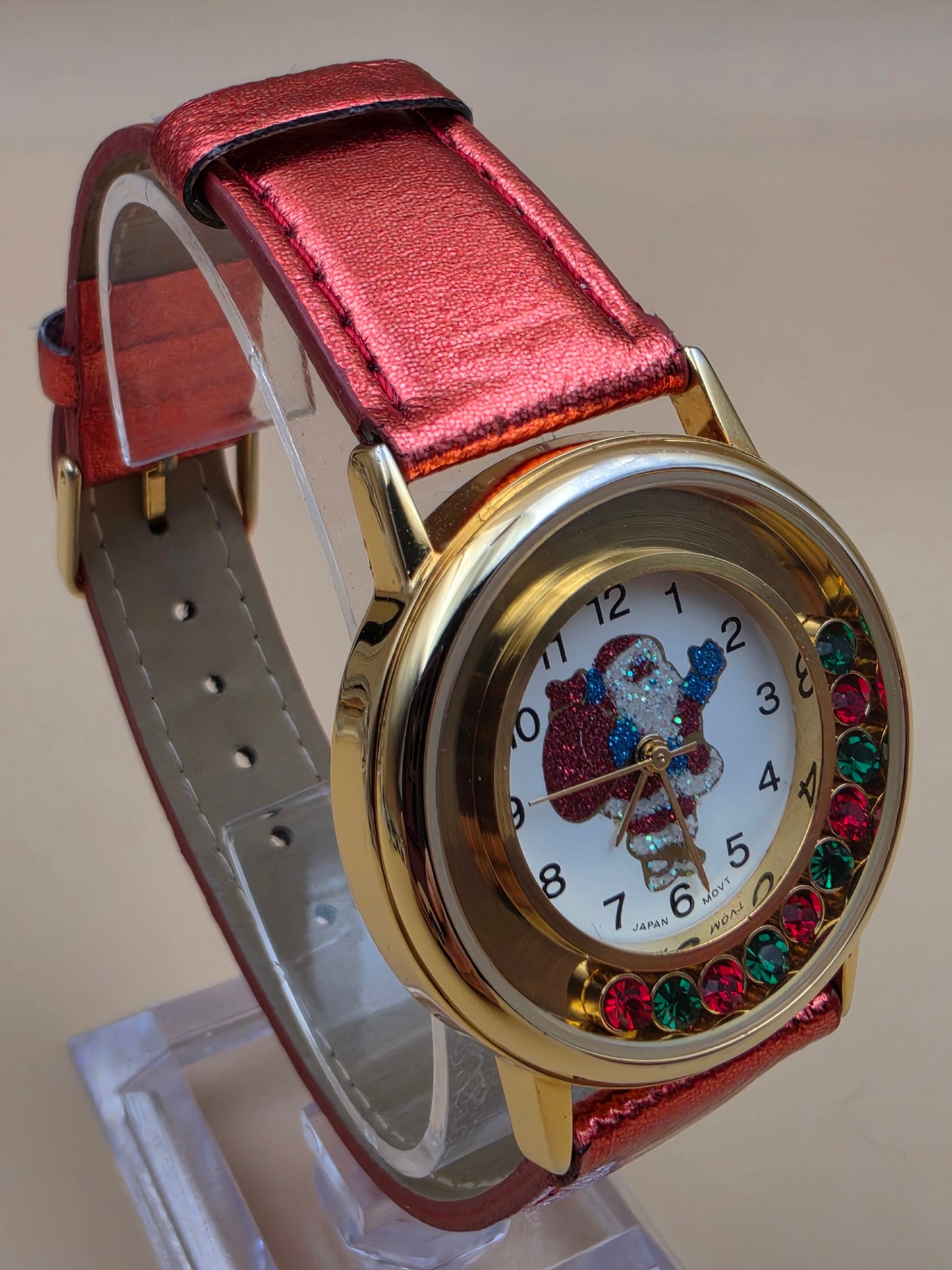Vintage Santa Claus Festive Novelty Watch With Free Moving Rhinestones in Face