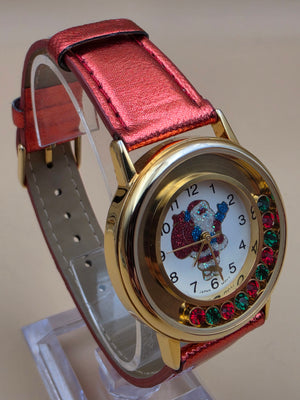 Vintage Santa Claus Festive Novelty Watch With Free Moving Rhinestones in Face
