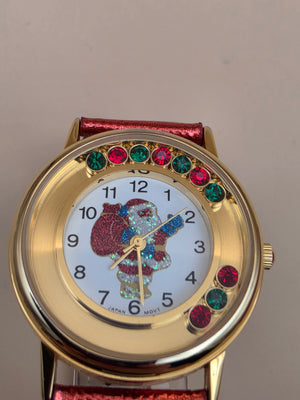 Vintage Santa Claus Festive Novelty Watch With Free Moving Rhinestones in Face