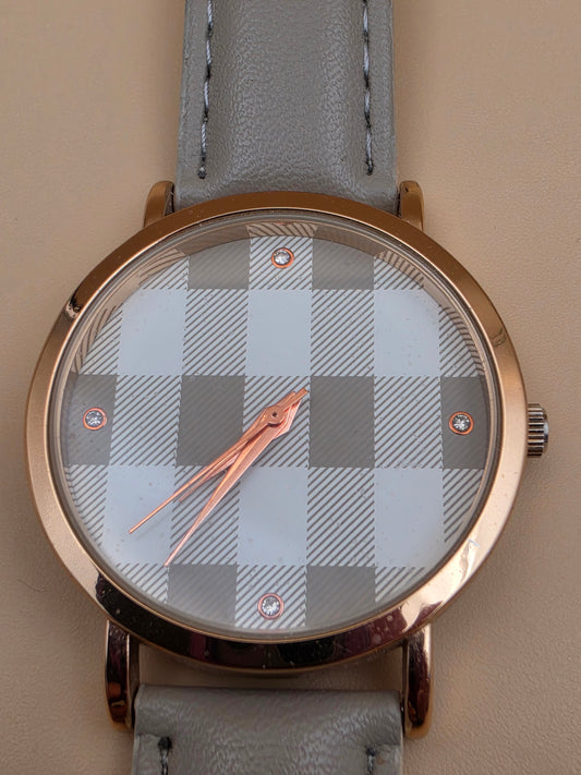 Gray Faux Leather/Plaid Dial/Rose Gold Bezel Vintage Women's Watch