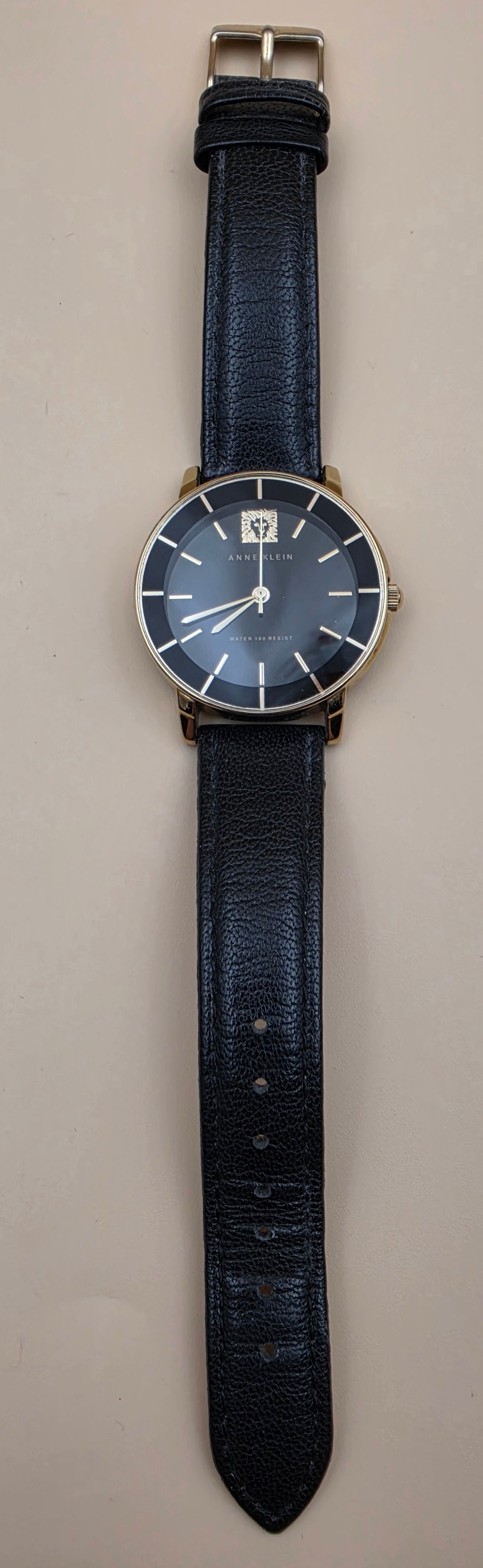 ANNE KLEIN LION LOGO Model 10/1058BKBK Black and Gold Plated Vintage Women's Watch