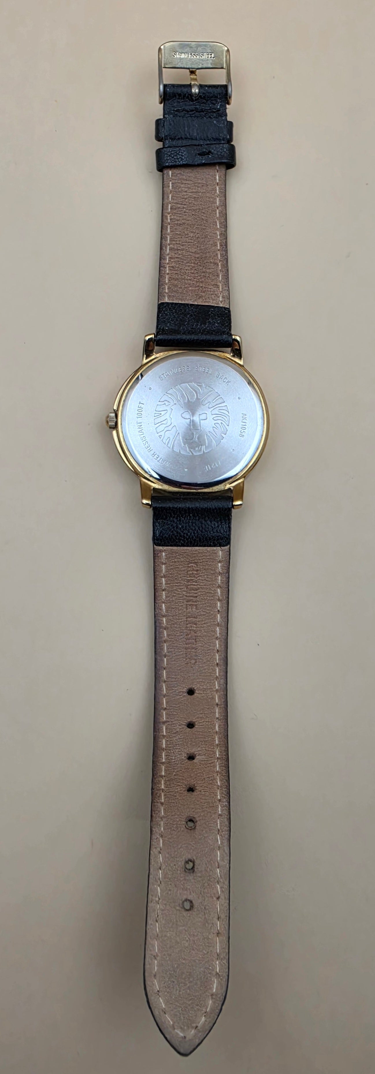 ANNE KLEIN LION LOGO Model 10/1058BKBK Black and Gold Plated Vintage Women's Watch