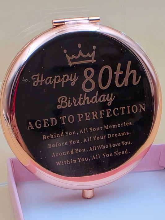 Rose Gold Tone 1x and 2x Magnification Pocket Mirror Compact /Happy 80th Birthday