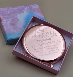 Rose Gold Tone 1x and 2x Magnification Pocket Mirror Compact /Happy 80th Birthday