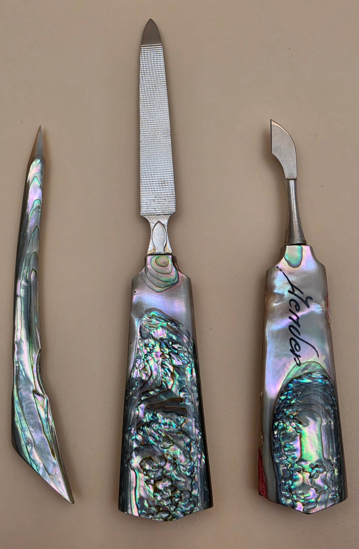 Denver, Colorado Abalone/Mother Of Pearl Manicure Advertising Souvenir Set- Nail File/Cuticle Cutter/Awl
