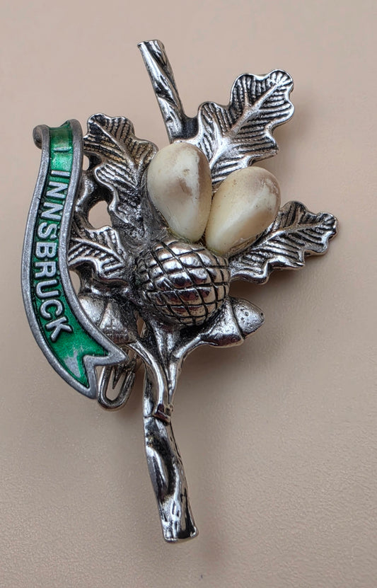 Innsbruck Austria Silver Tone/Green Enamel/ Faux Grandel(deer teeth)as Acorn Vintage Souvenir Brooch