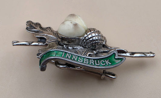 Innsbruck Austria Silver Tone/Green Enamel/ Faux Grandel(deer teeth)as Acorn Vintage Souvenir Brooch