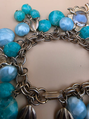 1950's Lucite/Art Glass/Antiqued Gold Tone Stretch Charm Bracelet