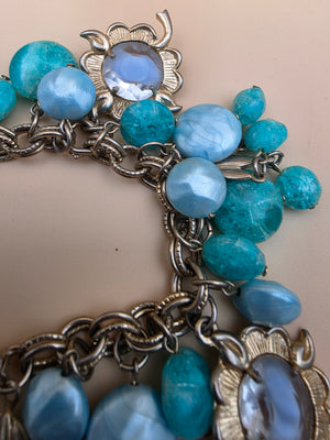 1950's Lucite/Art Glass/Antiqued Gold Tone Stretch Charm Bracelet