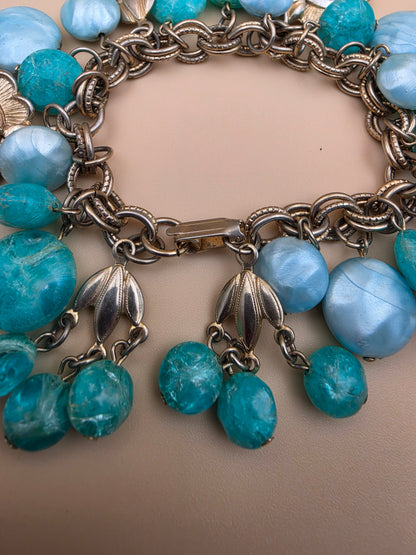 1950's Lucite/Art Glass/Antiqued Gold Tone Stretch Charm Bracelet