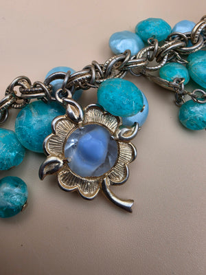 1950's Lucite/Art Glass/Antiqued Gold Tone Stretch Charm Bracelet