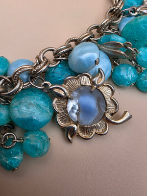 1950's Lucite/Art Glass/Antiqued Gold Tone Stretch Charm Bracelet
