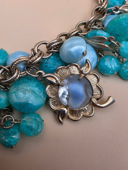 1950's Lucite/Art Glass/Antiqued Gold Tone Stretch Charm Bracelet