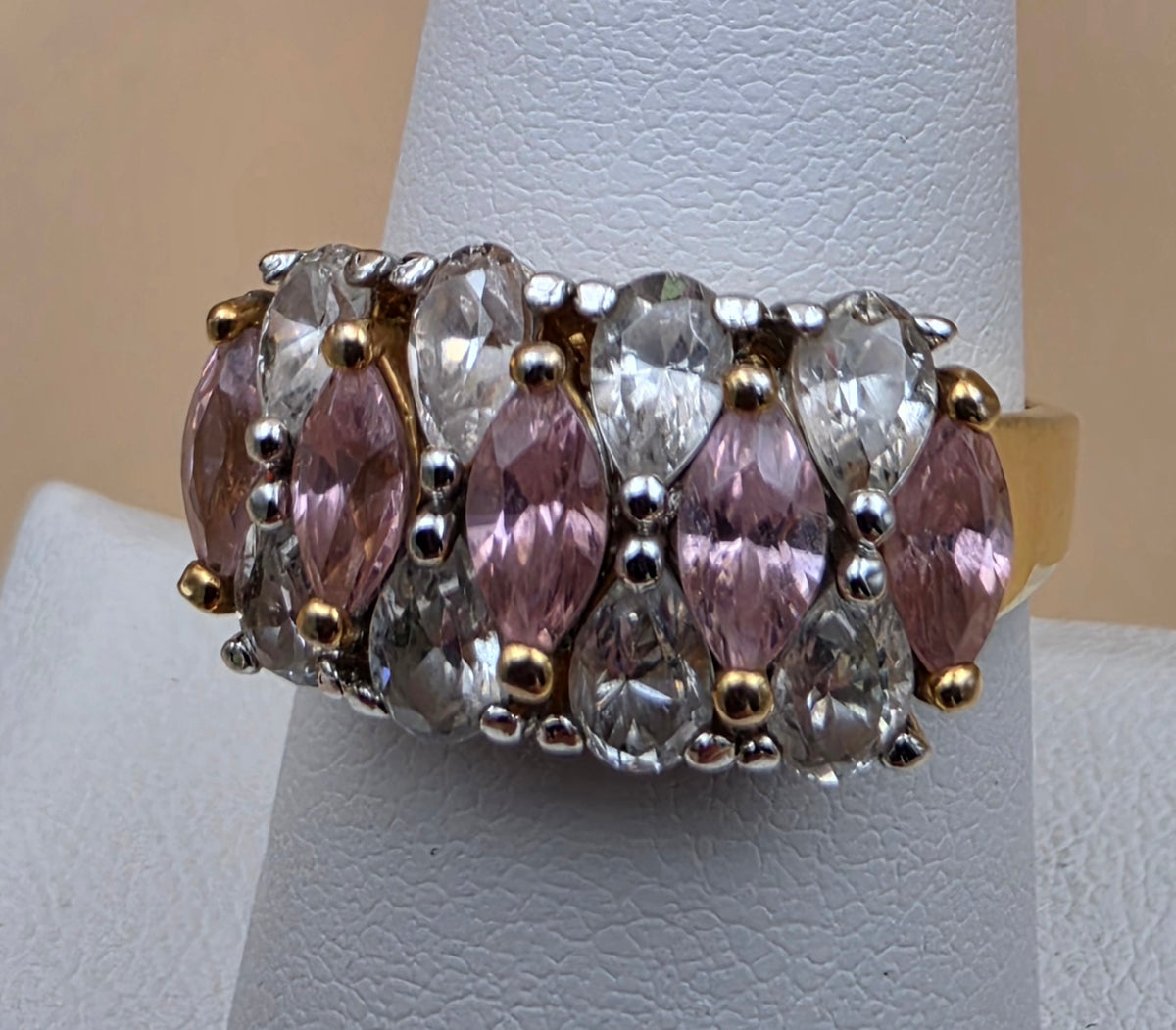 EDCO TAIWAN Sterling Silver/Gold Plated Vintage 1980's CZ Stones Ring Size 8