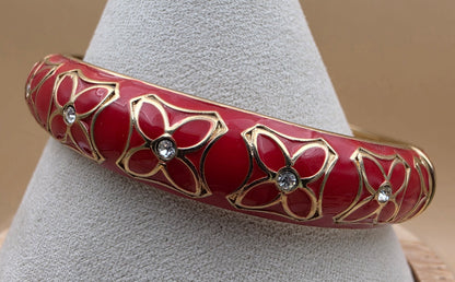 Red Enamel/Clear Rhinestone Floral Design/Gold Tone Vintage 7.25" Hinged Clamper Bracelet