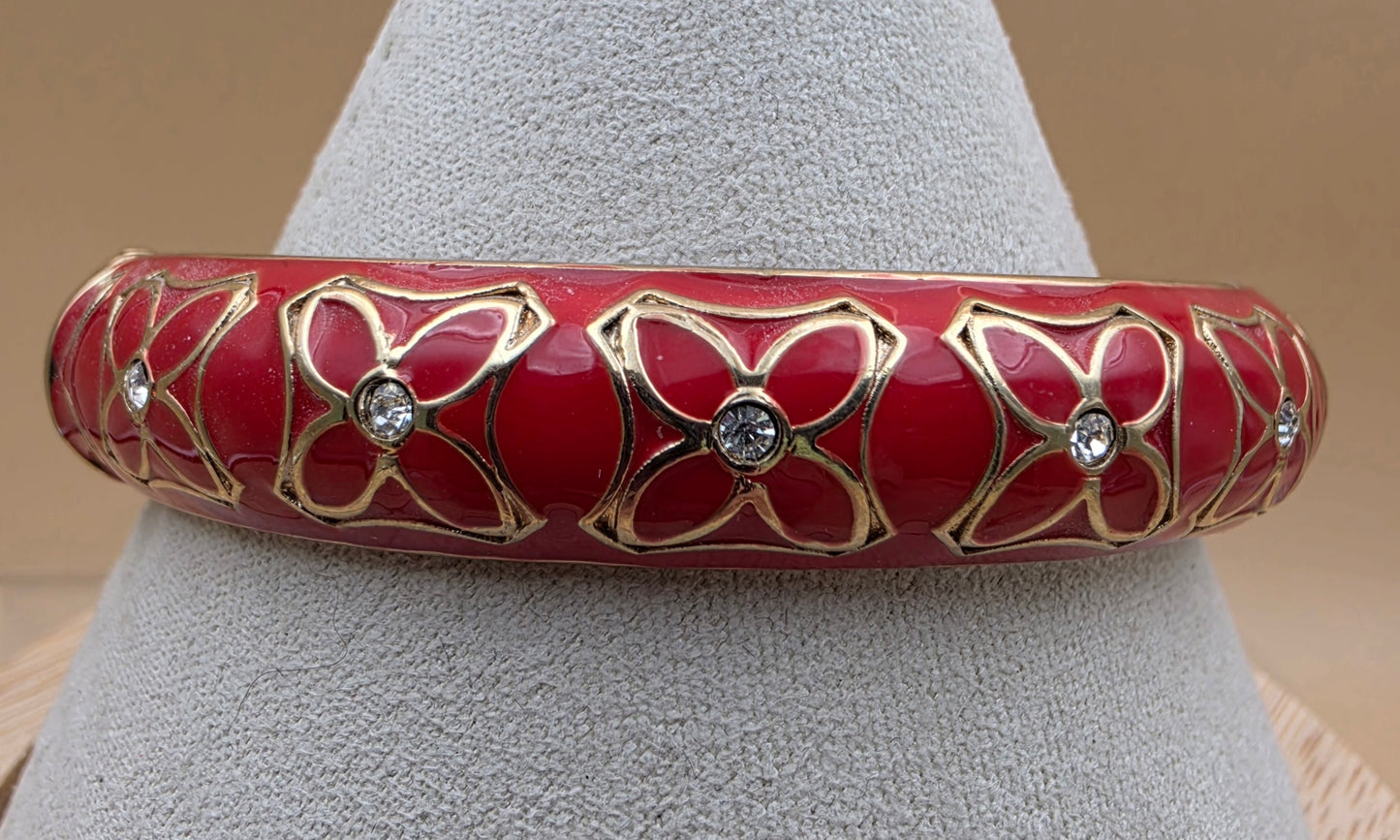 Red Enamel/Clear Rhinestone Floral Design/Gold Tone Vintage 7.25" Hinged Clamper Bracelet