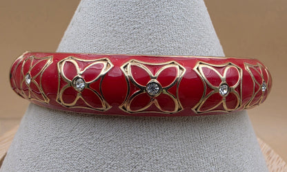 Red Enamel/Clear Rhinestone Floral Design/Gold Tone Vintage 7.25" Hinged Clamper Bracelet