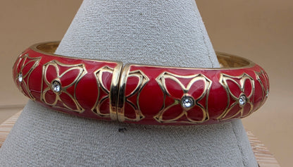 Red Enamel/Clear Rhinestone Floral Design/Gold Tone Vintage 7.25" Hinged Clamper Bracelet