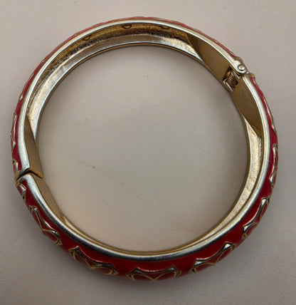 Red Enamel/Clear Rhinestone Floral Design/Gold Tone Vintage 7.25" Hinged Clamper Bracelet