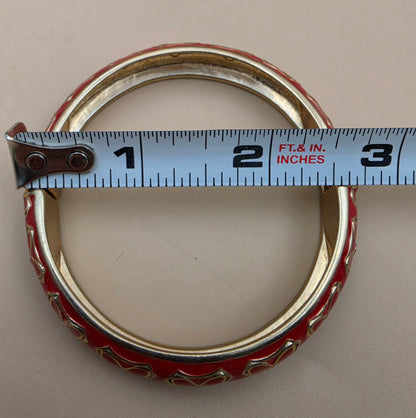 Red Enamel/Clear Rhinestone Floral Design/Gold Tone Vintage 7.25" Hinged Clamper Bracelet