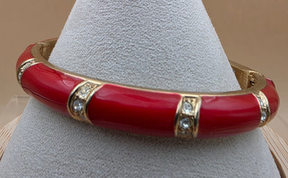 Red Enamel/Clear Rhinestone Floral Design/Gold Tone Vintage 7.25" Hinged Clamper Bracelet