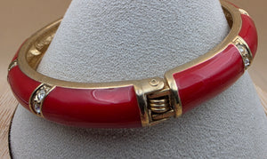 Red Enamel/Clear Rhinestone/Gold Tone 7.25" Hinged Clamper Bracelet