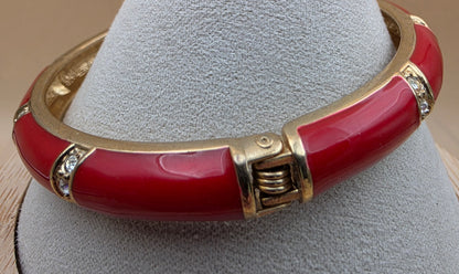 Red Enamel/Clear Rhinestone/Gold Tone 7.25" Hinged Clamper Bracelet