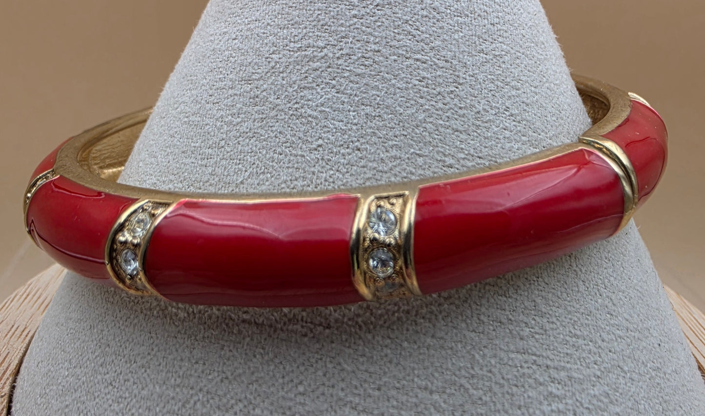 Red Enamel/Clear Rhinestone/Gold Tone 7.25" Hinged Clamper Bracelet