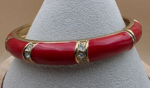 Red Enamel/Clear Rhinestone/Gold Tone 7.25" Hinged Clamper Bracelet