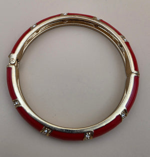 Red Enamel/Clear Rhinestone/Gold Tone 7.25" Hinged Clamper Bracelet