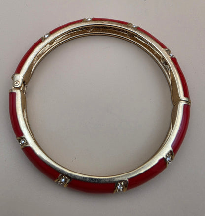 Red Enamel/Clear Rhinestone/Gold Tone 7.25" Hinged Clamper Bracelet